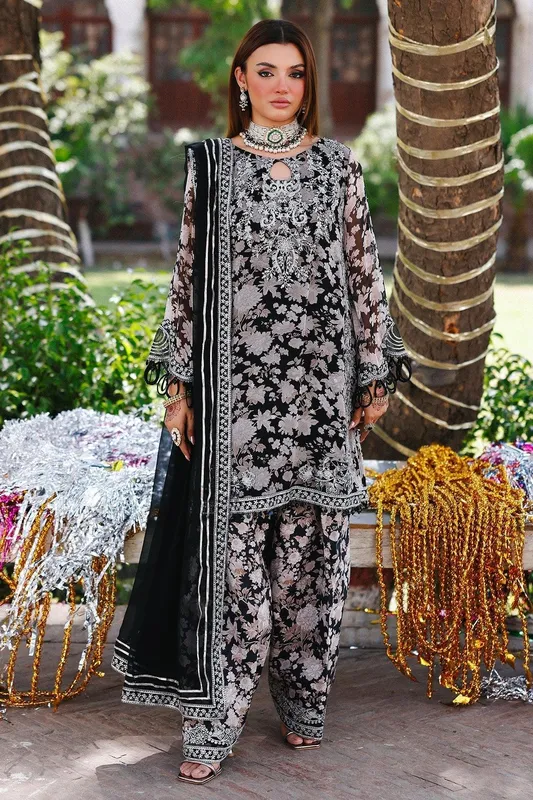 Black raw silk and chiffon shirt with embroidered front and matching trouser – view 1 – Poshaq