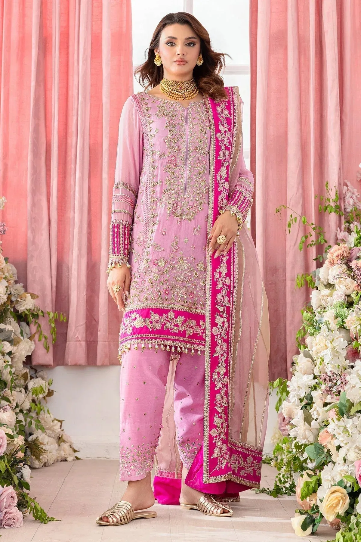 Soft pink chiffon suit with embroidered shirt, silk trousers and organza dupatta – view 1 – Poshaq