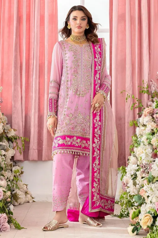 Soft pink chiffon suit with embroidered shirt, silk trousers and organza dupatta – view 1 – Poshaq