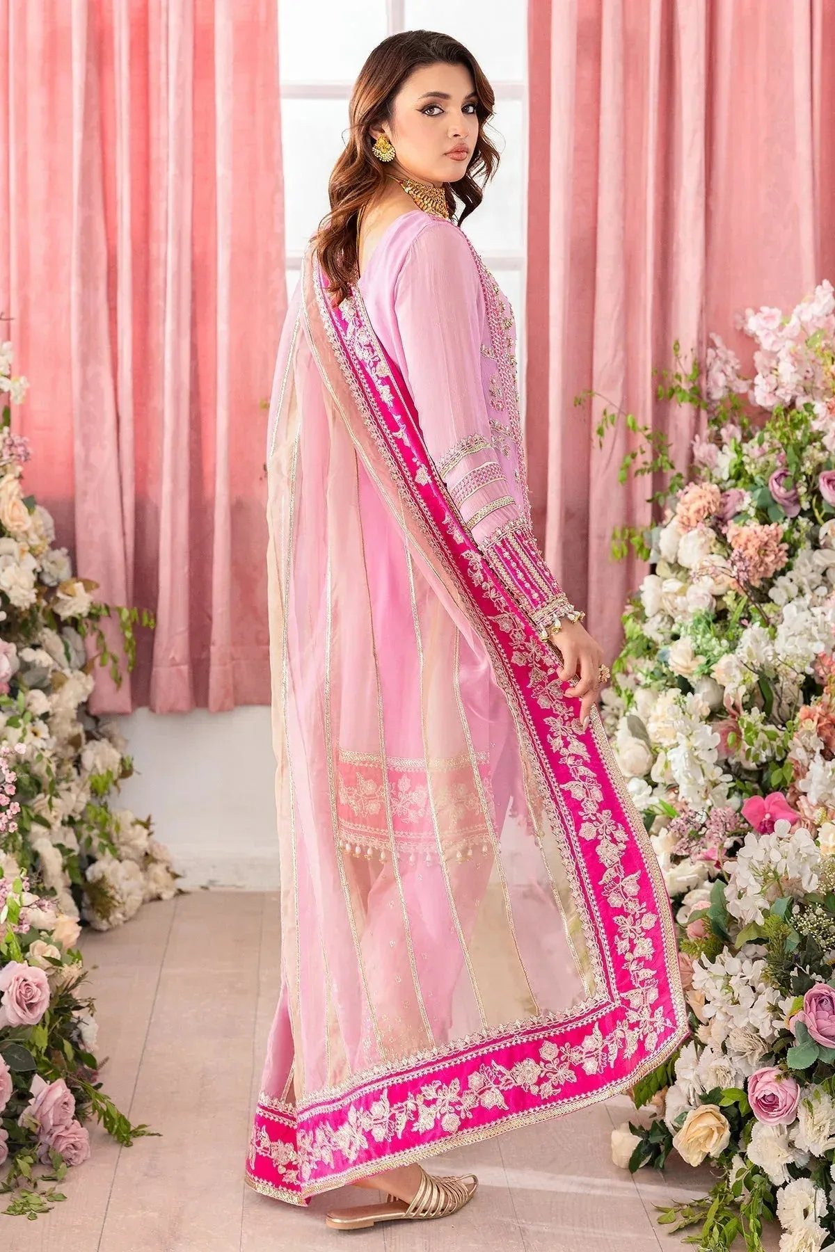 Soft pink chiffon suit with embroidered shirt, silk trousers and organza dupatta – view 2 – Poshaq