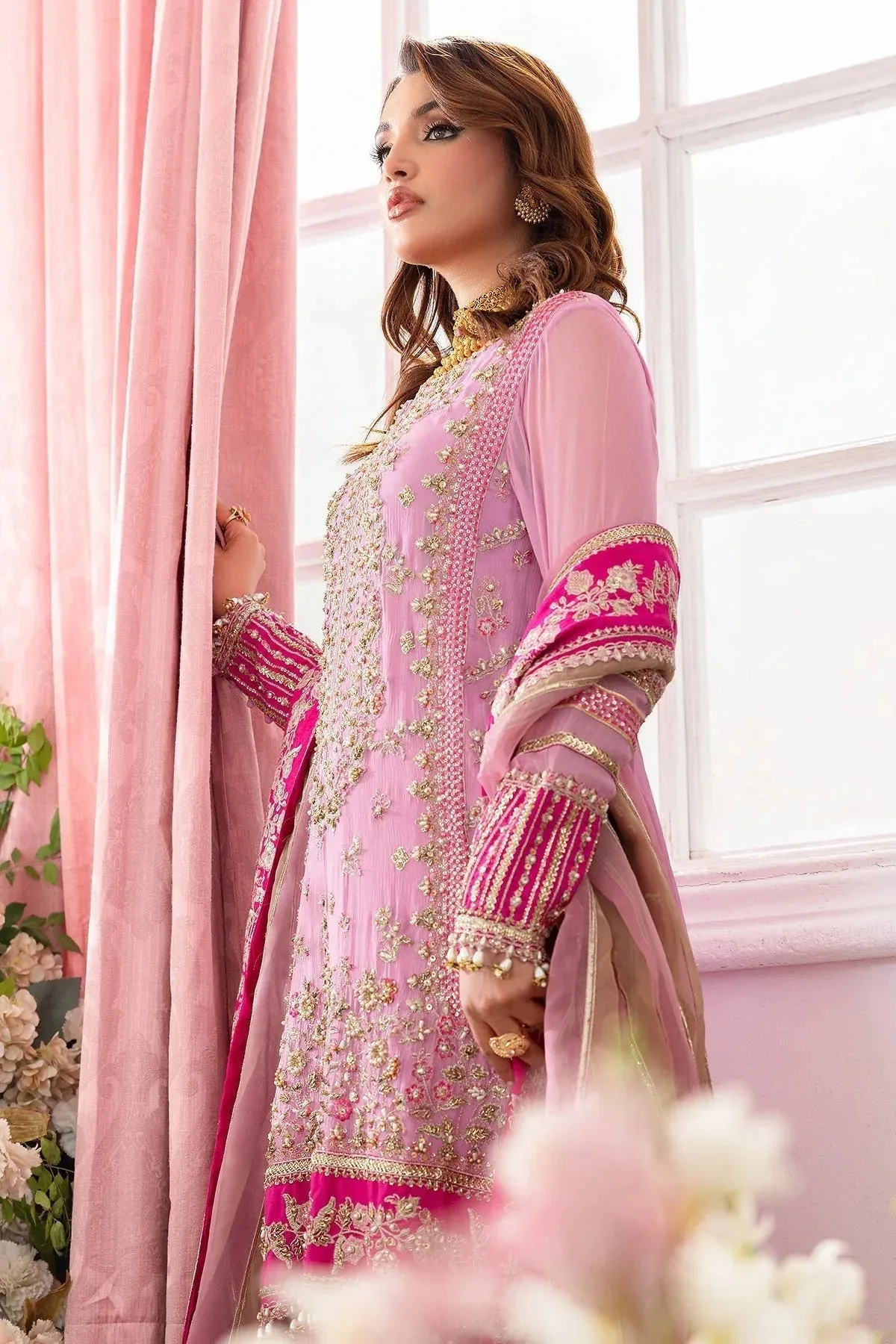 Soft pink chiffon suit with embroidered shirt, silk trousers and organza dupatta – view 3 – Poshaq