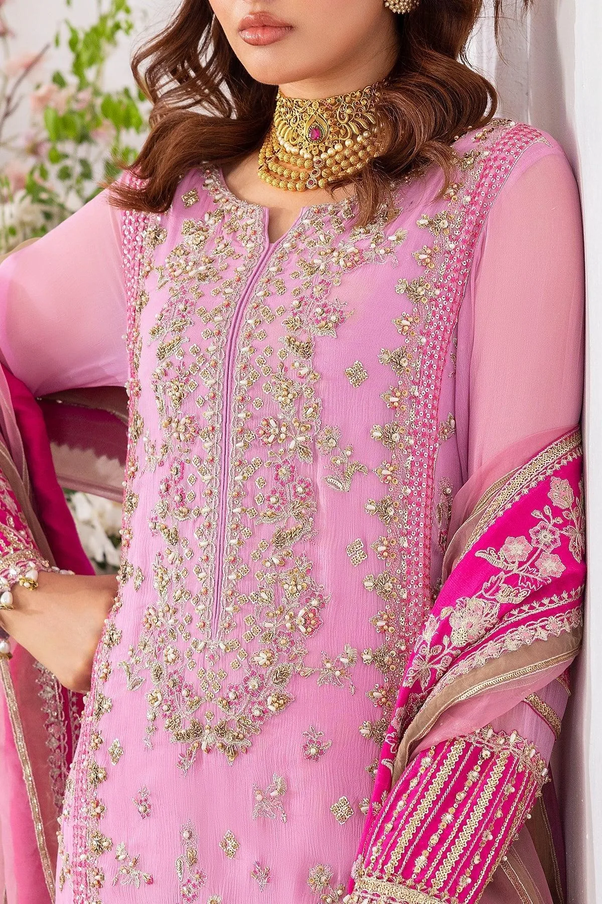Soft pink chiffon suit with embroidered shirt, silk trousers and organza dupatta – view 4 – Poshaq