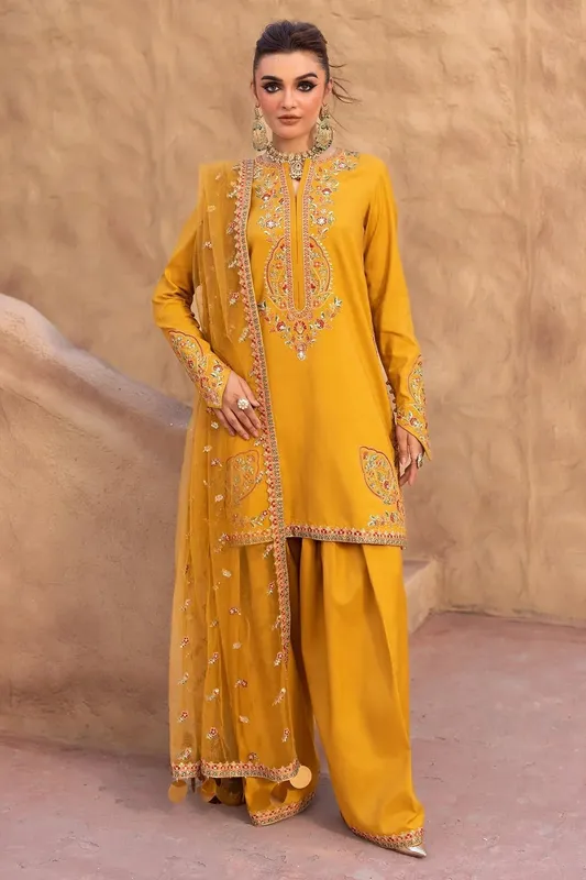 Charizma Festive Pret Mustard Yellow Raw Silk – view 1 – Poshaq