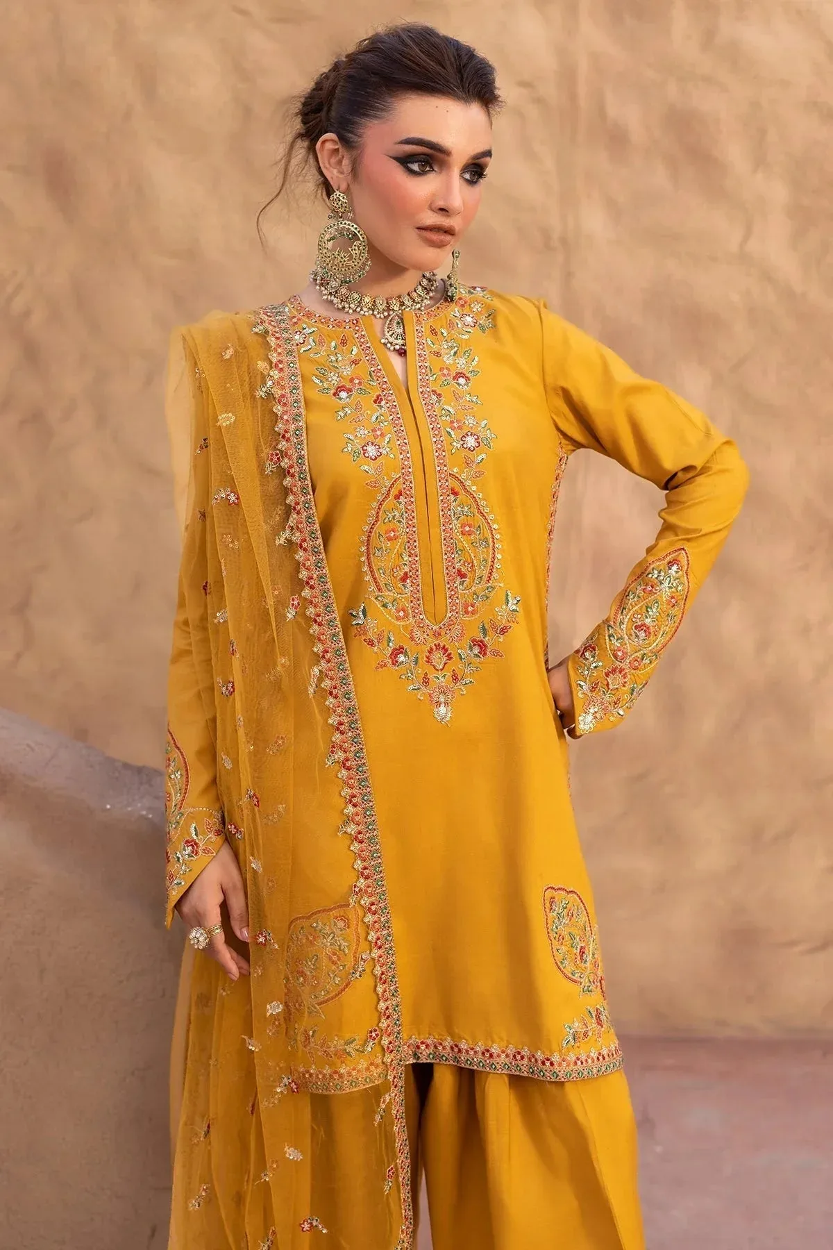Charizma Festive Pret Mustard Yellow Raw Silk – view 4 – Poshaq