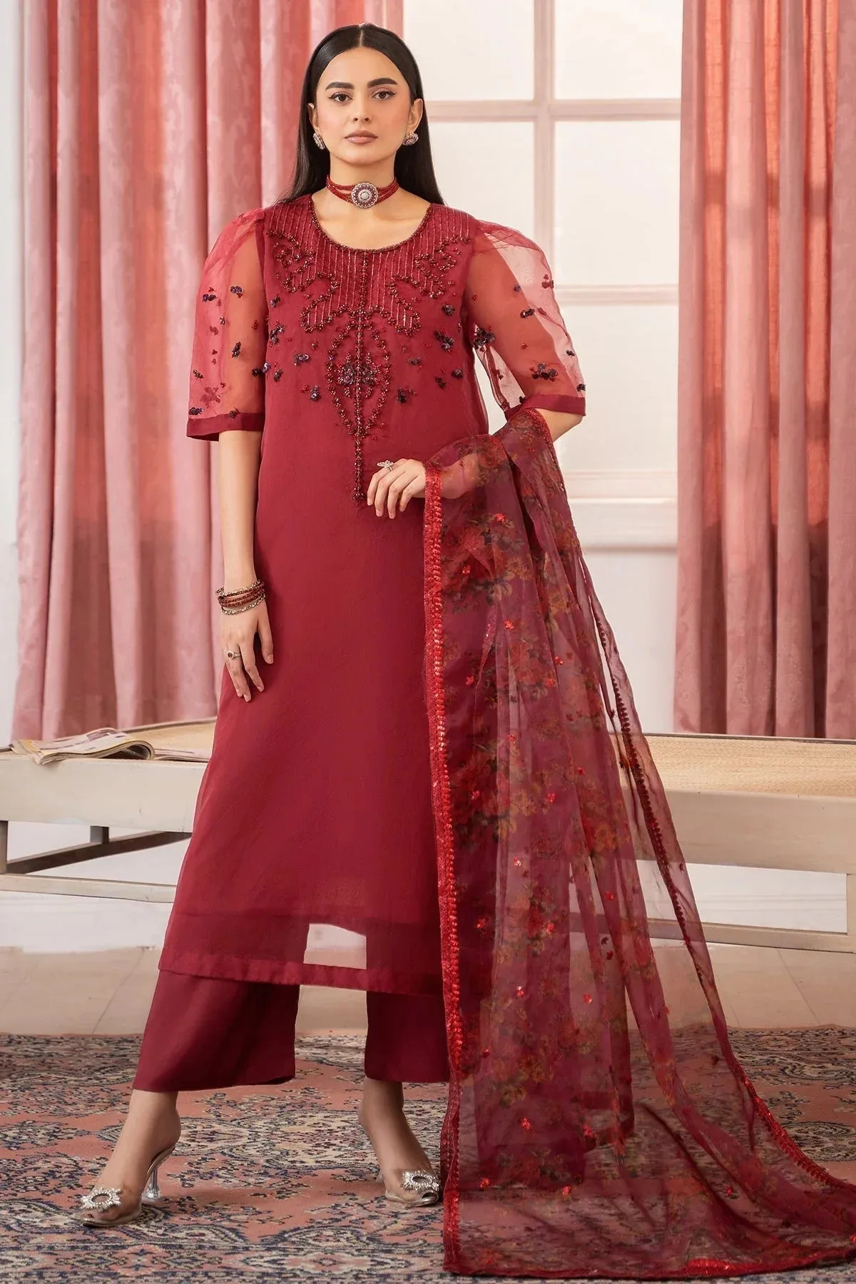 Charizma Festive Pret Maroon Raw Silk – view 1 – Poshaq