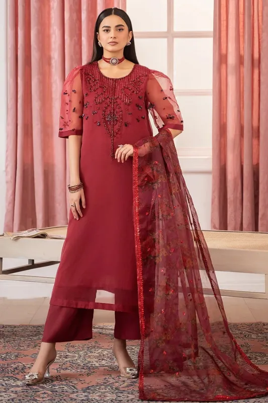 Charizma Festive Pret Maroon Raw Silk – view 1 – Poshaq