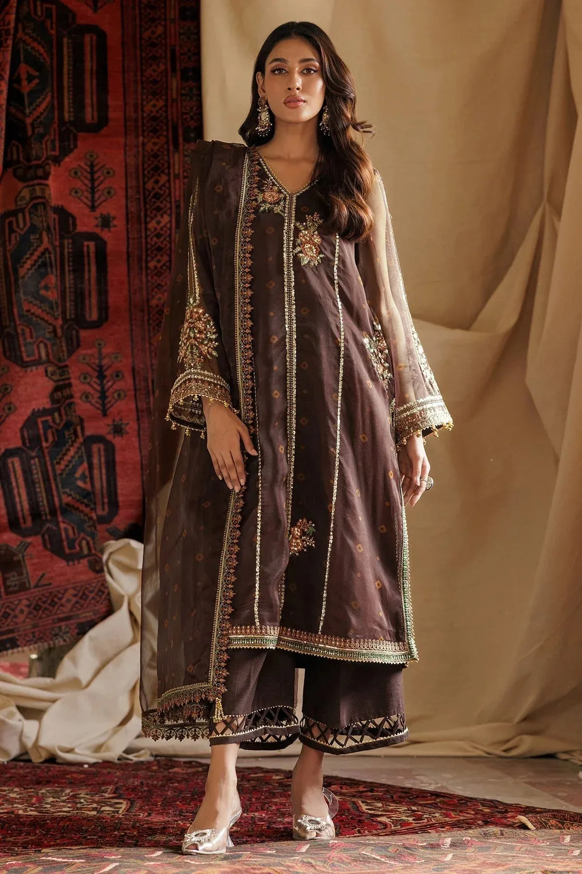 Charizma Festive Pret Chocolate Brown Raw Silk – view 1 – Poshaq