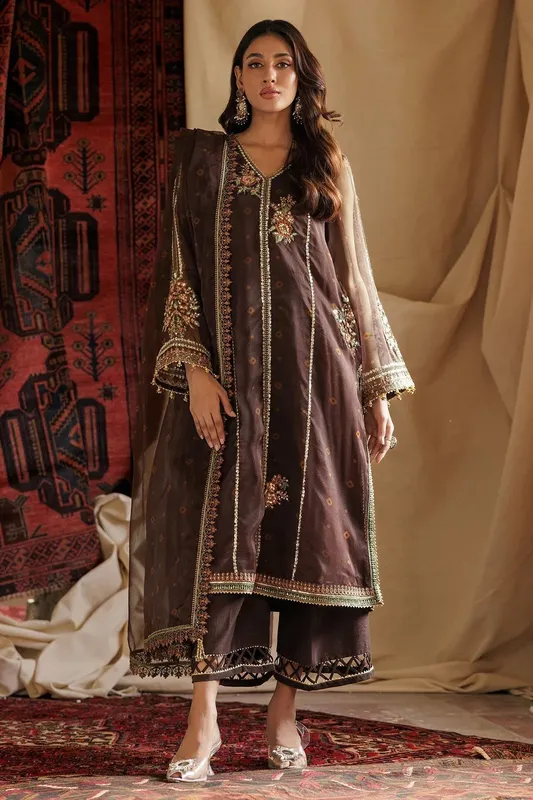 Charizma Festive Pret Chocolate Brown Raw Silk – view 1 – Poshaq