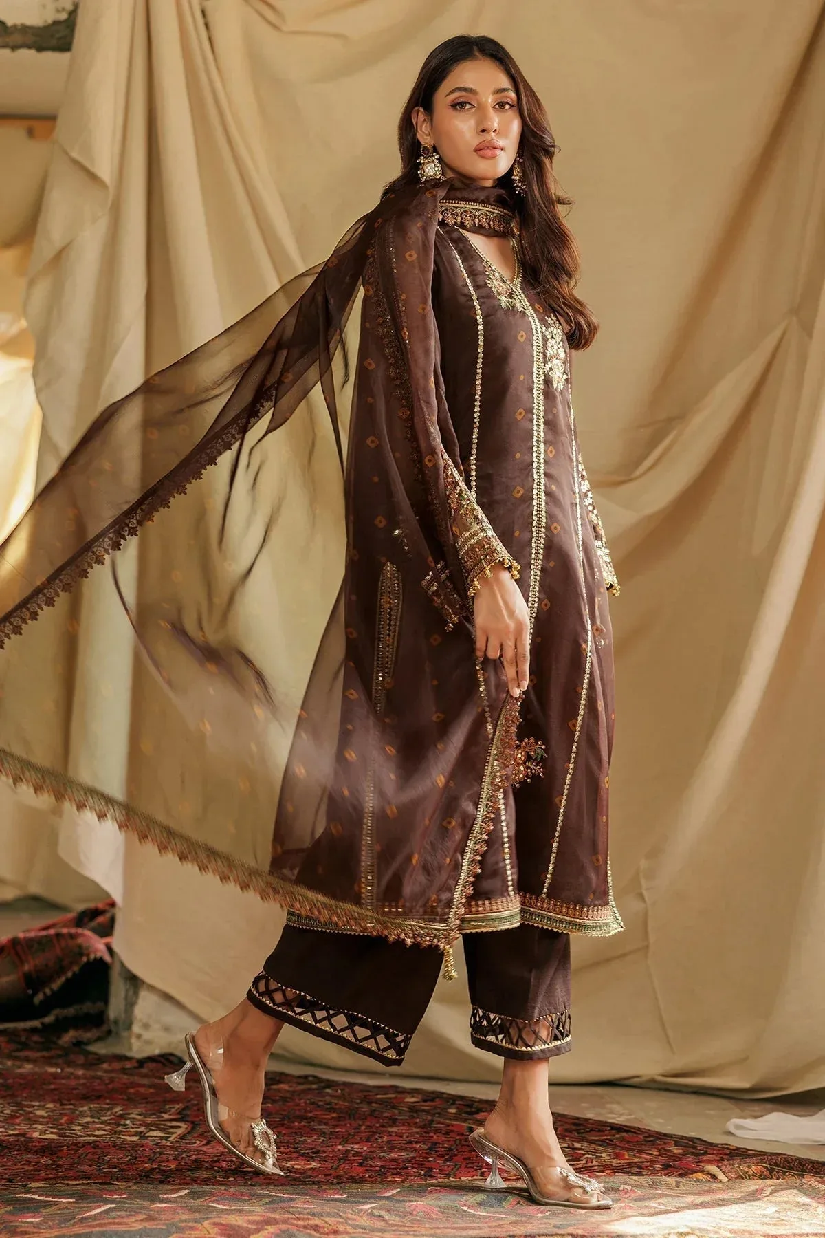 Charizma Festive Pret Chocolate Brown Raw Silk – view 2 – Poshaq