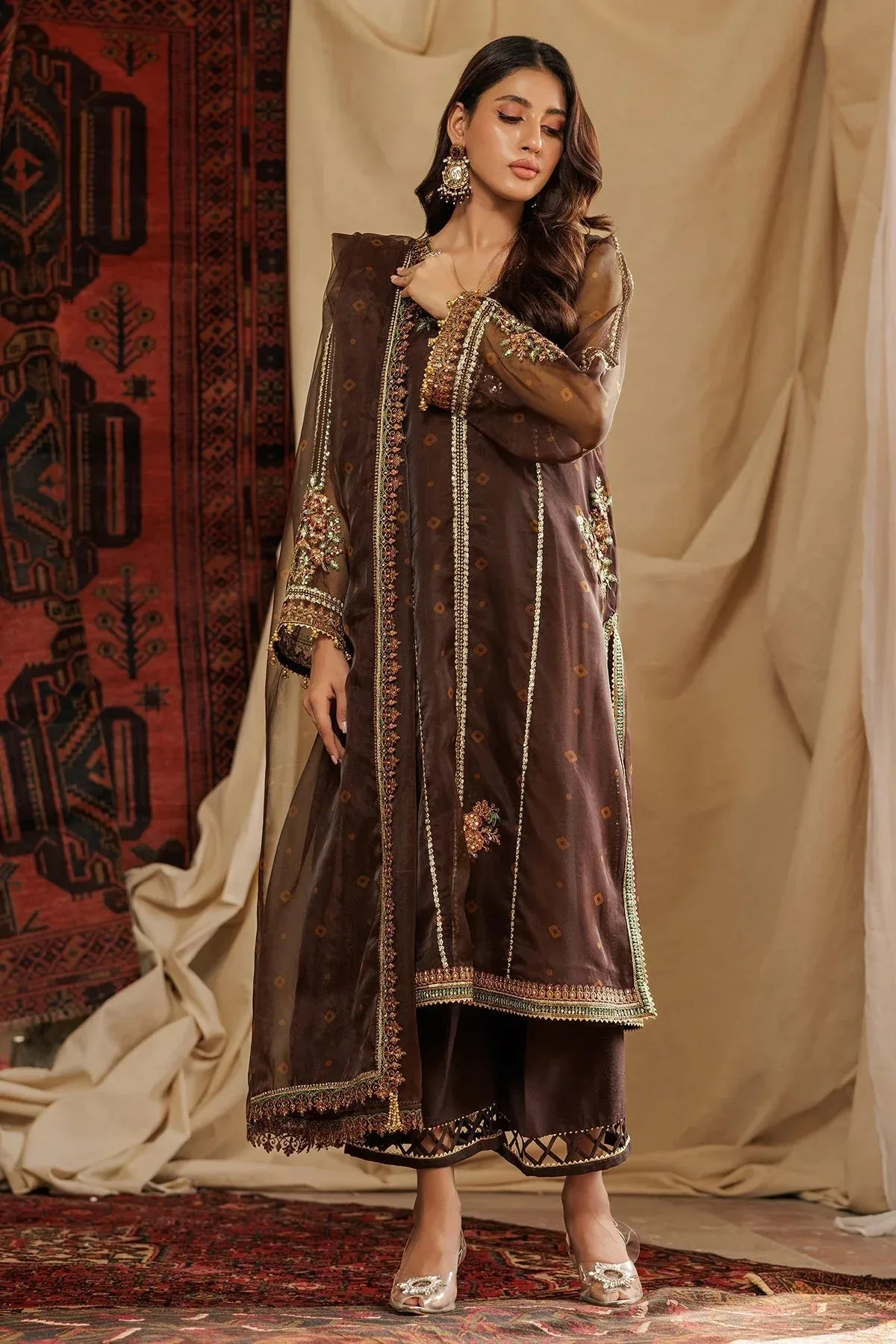 Charizma Festive Pret Chocolate Brown Raw Silk – view 5 – Poshaq