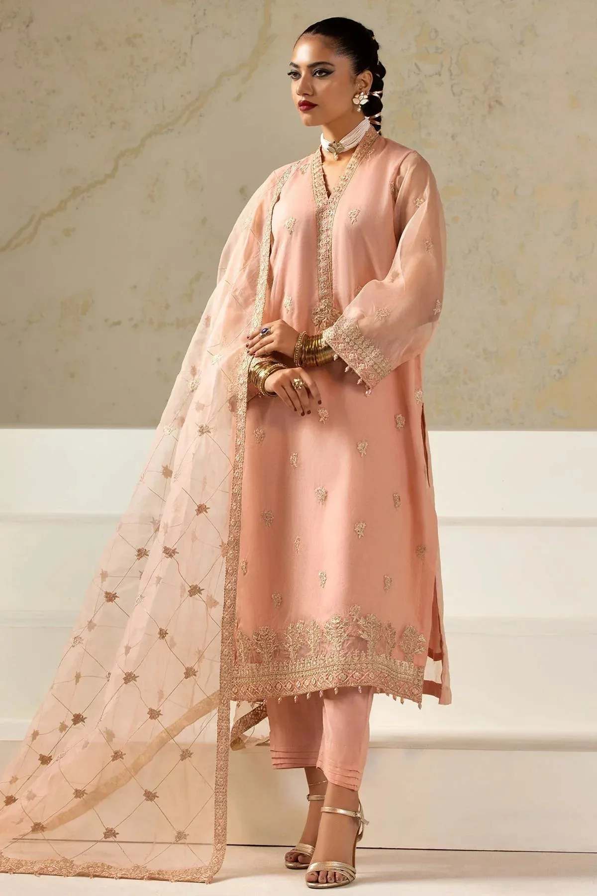 Charizma Festive Pret Peach Pink Raw Silk – view 1 – Poshaq