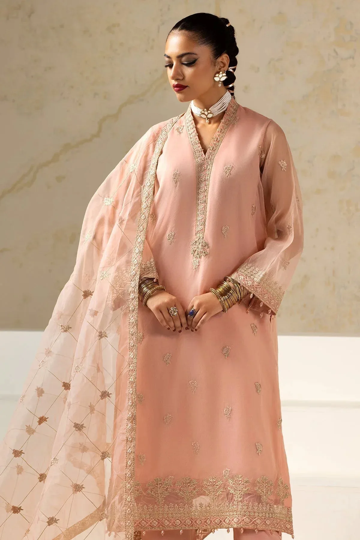Charizma Festive Pret Peach Pink Raw Silk – view 3 – Poshaq