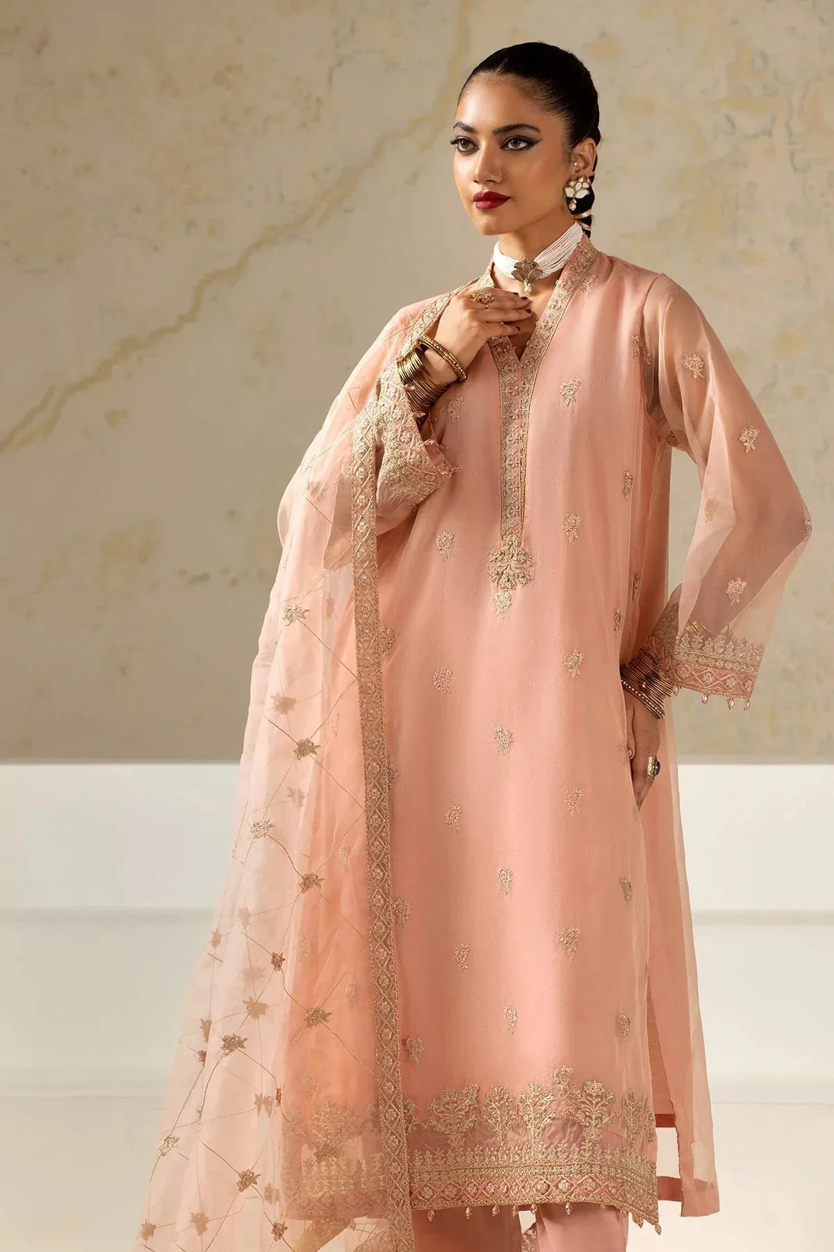 Charizma Festive Pret Peach Pink Raw Silk – view 4 – Poshaq