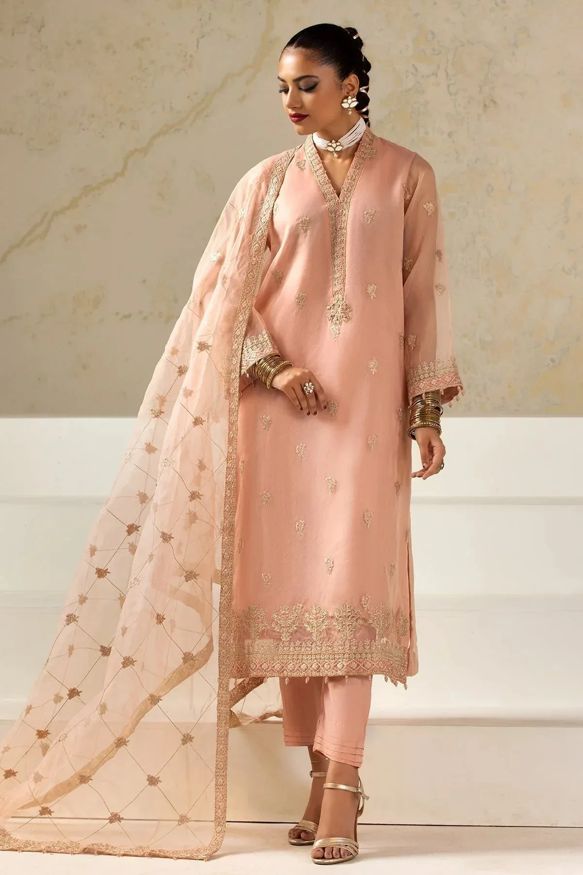Charizma Festive Pret Peach Pink Raw Silk – view 5 – Poshaq