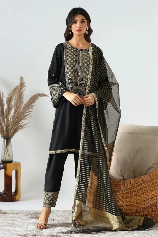 Charizma Festive Pret Black Raw Silk – view 1 – Poshaq