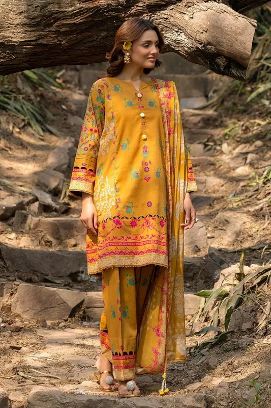 Charizma C prints Lawn Mustard Yellow Chiffon – view 1 – Poshaq