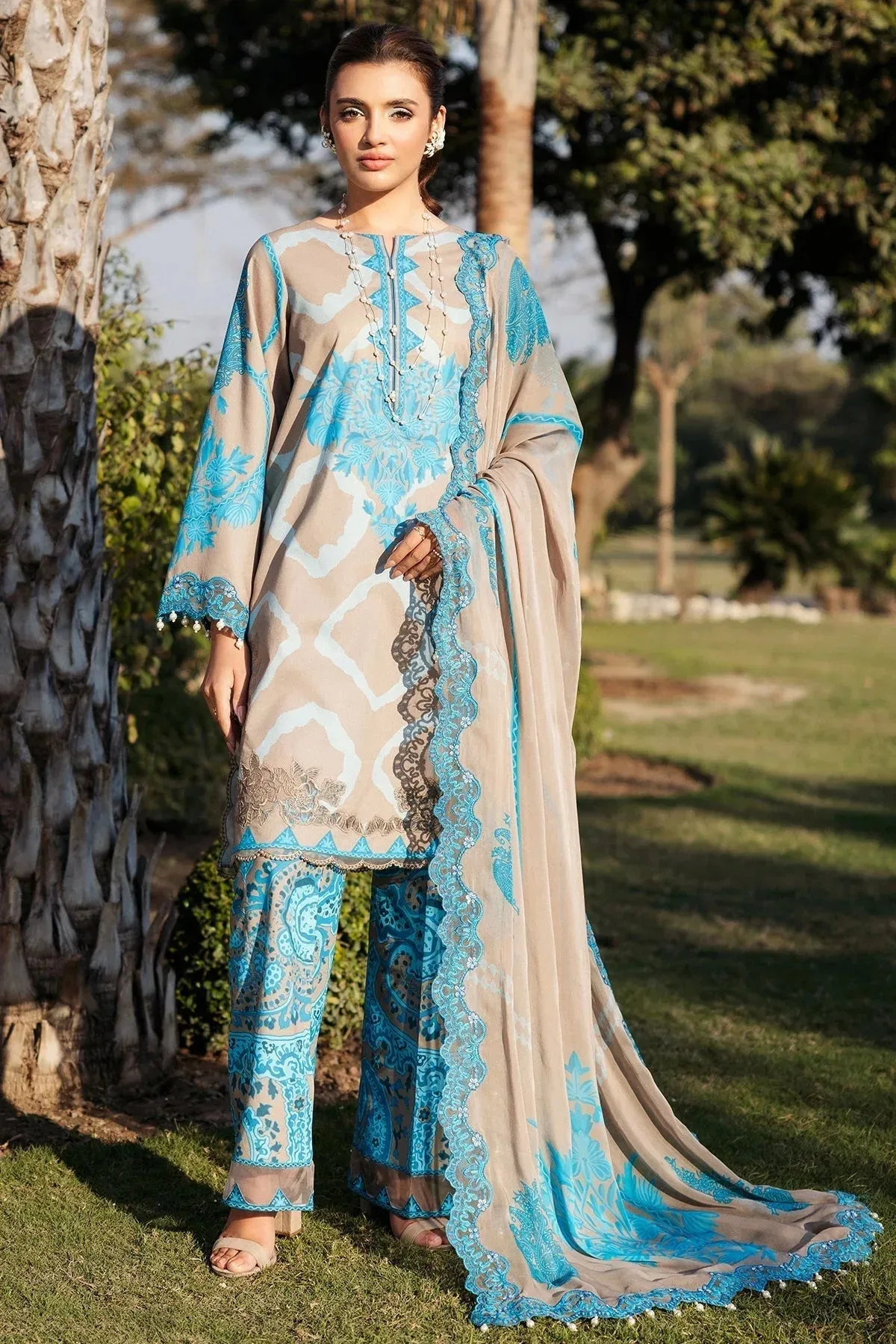 Charizma Print Melody Teal Chiffon – view 1 – Poshaq