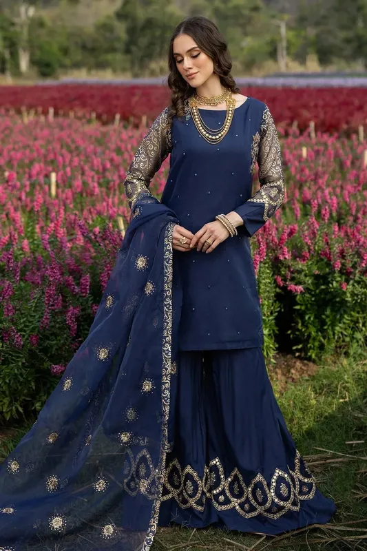 Charizma Festive Pret Dark Blue Raw Silk – view 1 – Poshaq