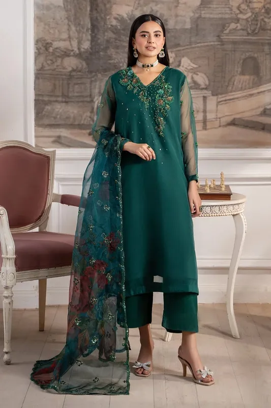 Charizma Festive Pret Teal Green Raw Silk – view 1 – Poshaq