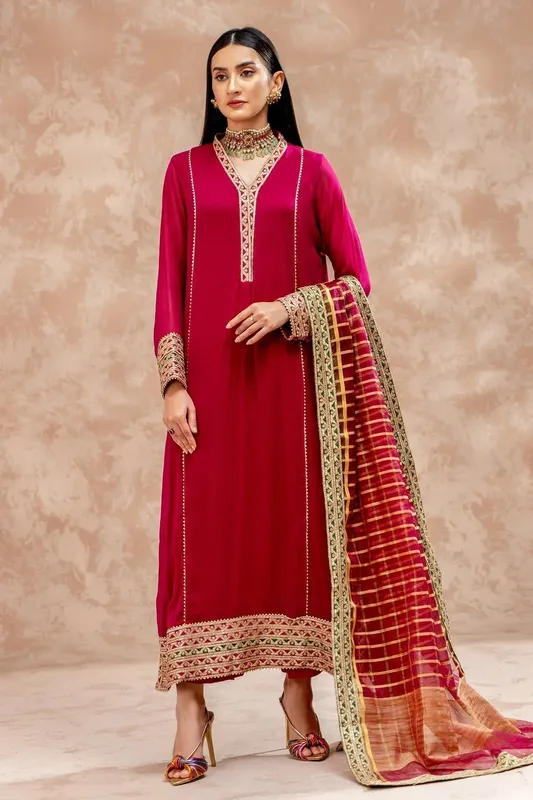 Charizma Festive Pret Pink Raw Silk – view 1 – Poshaq