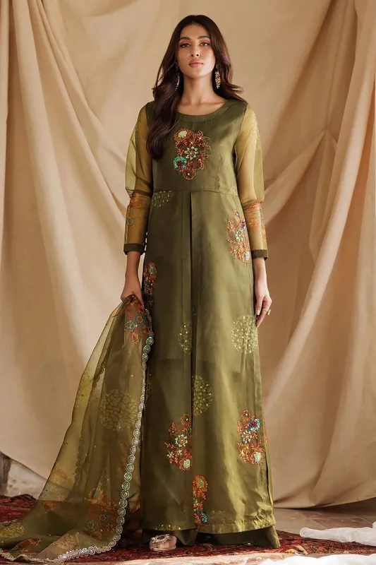 Charizma Festive Pret Olive Green Raw Silk – view 1 – Poshaq