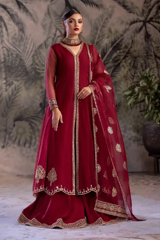 Charizma Festive Pret Maroon Raw Silk – view 1 – Poshaq