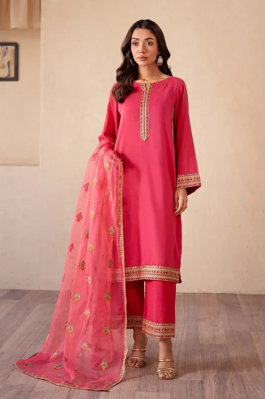Charizma Festive Pret Hot Pink Raw Silk – view 1 – Poshaq