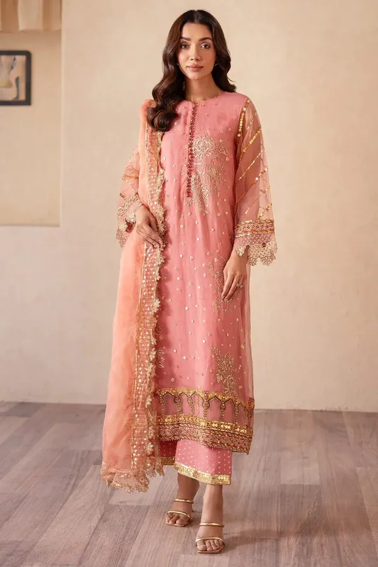 Charizma Festive Pret Salmon Pink Raw Silk – view 1 – Poshaq