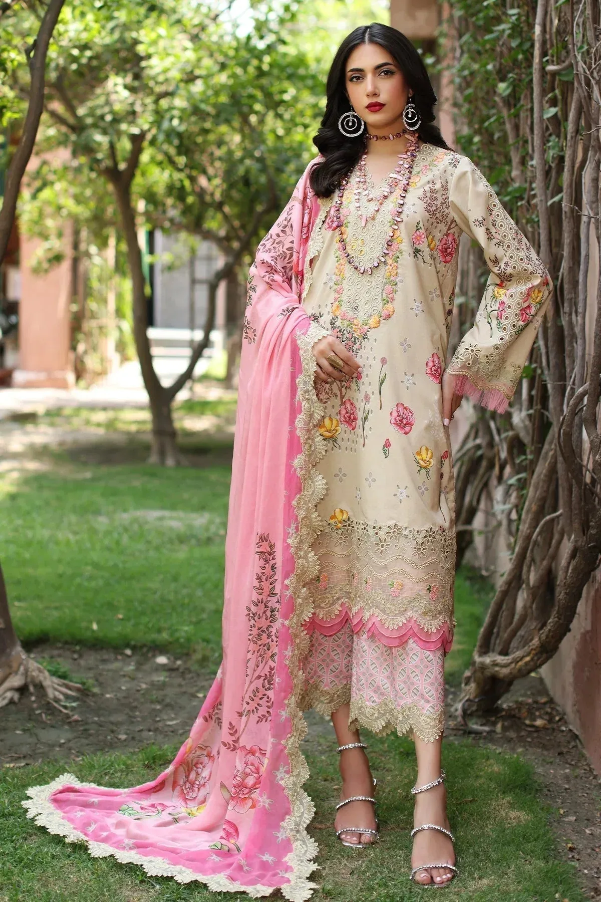 Beige long shirt with chiffon and cotton detailing – view 1 – Poshaq