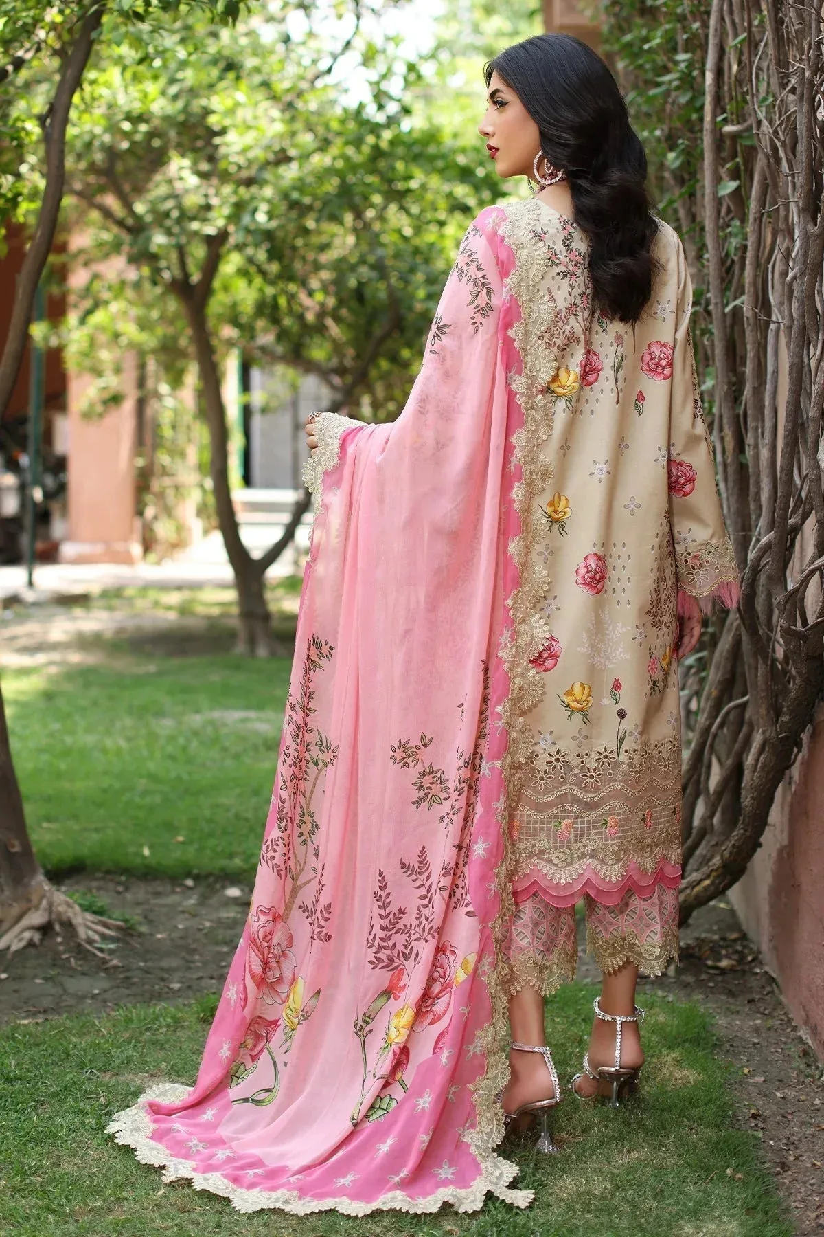 Beige long shirt with chiffon and cotton detailing – view 2 – Poshaq