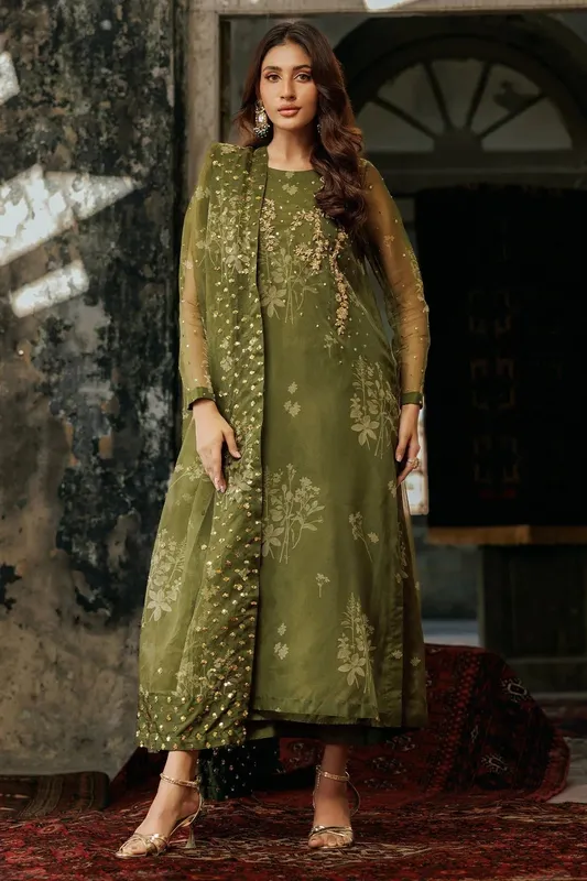 Charizma Festive Pret Olive Green Raw Silk – view 1 – Poshaq