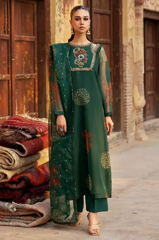 Charizma Festive Pret Bottle Green Raw Silk – view 1 – Poshaq