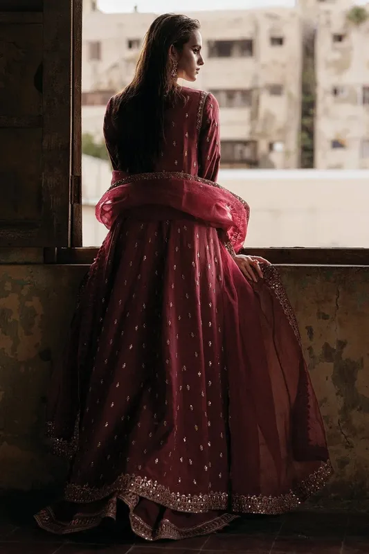 Charizma Statement Dresses Maroon Raw Silk – view 1 – Poshaq