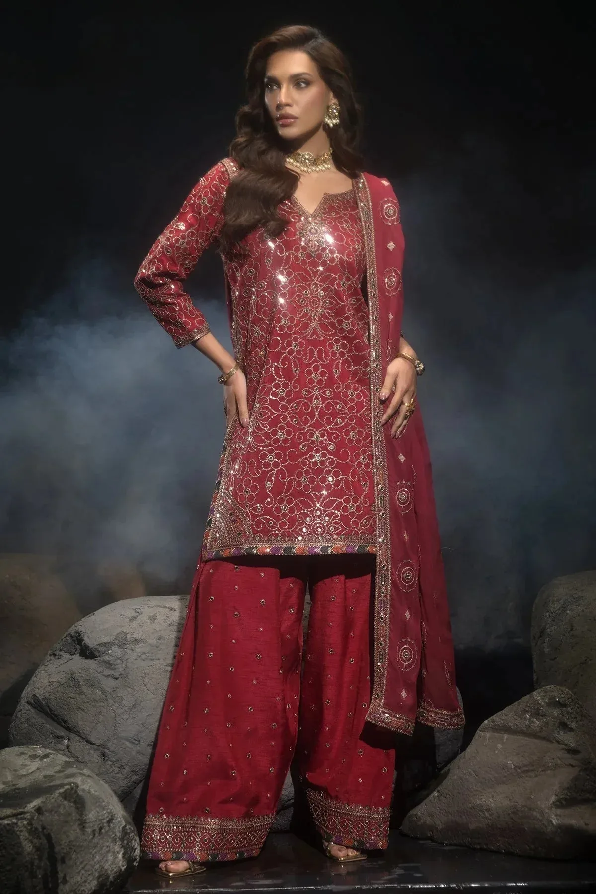 Charizma Statement Dresses Red Raw Silk – view 1 – Poshaq