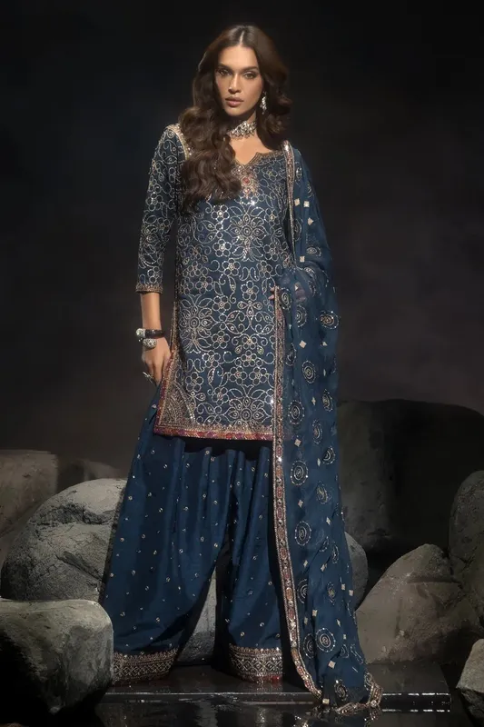 Charizma Statement Dresses Navy Blue Raw Silk – view 1 – Poshaq