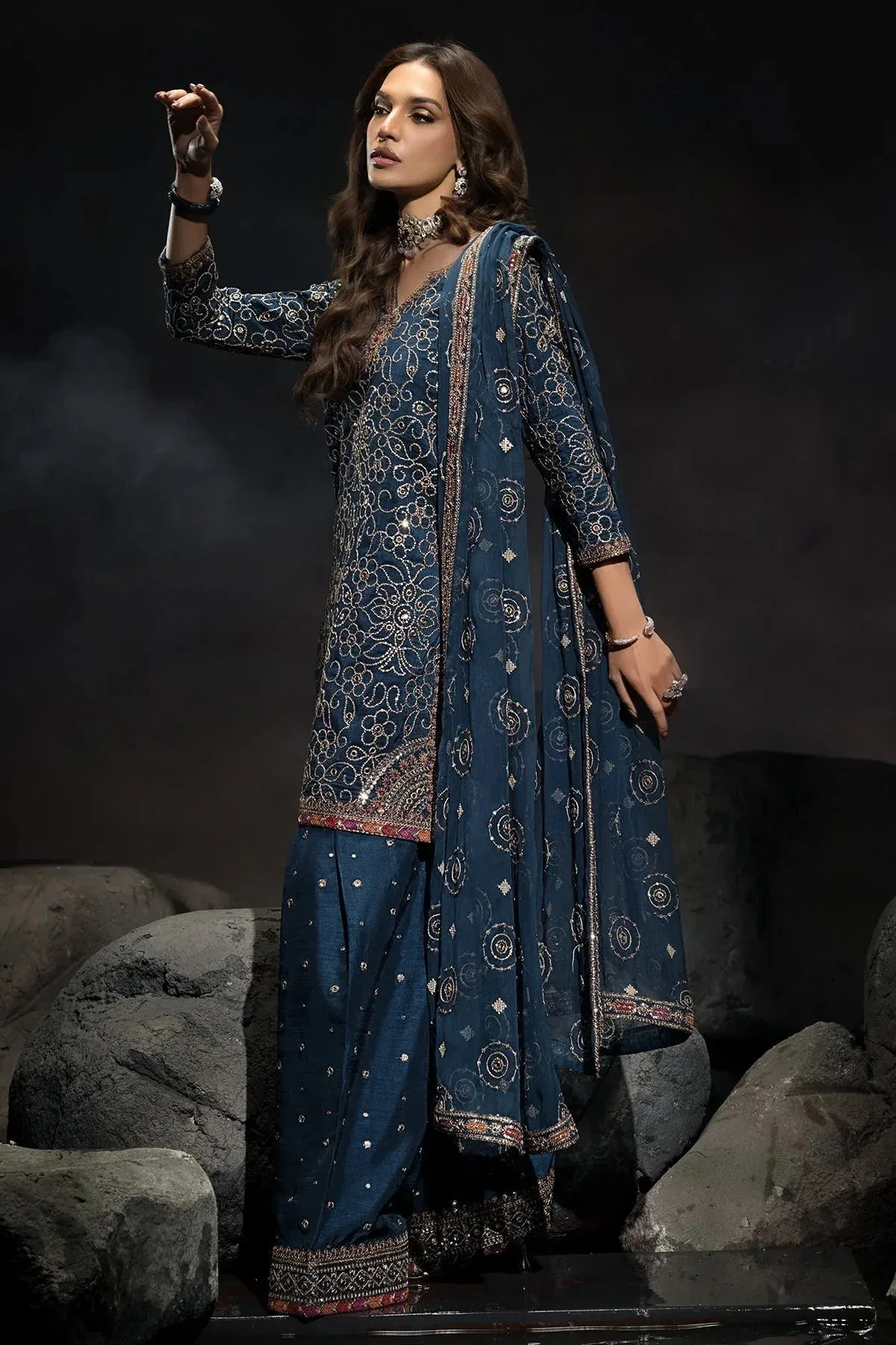 Charizma Statement Dresses Navy Blue Raw Silk – view 2 – Poshaq