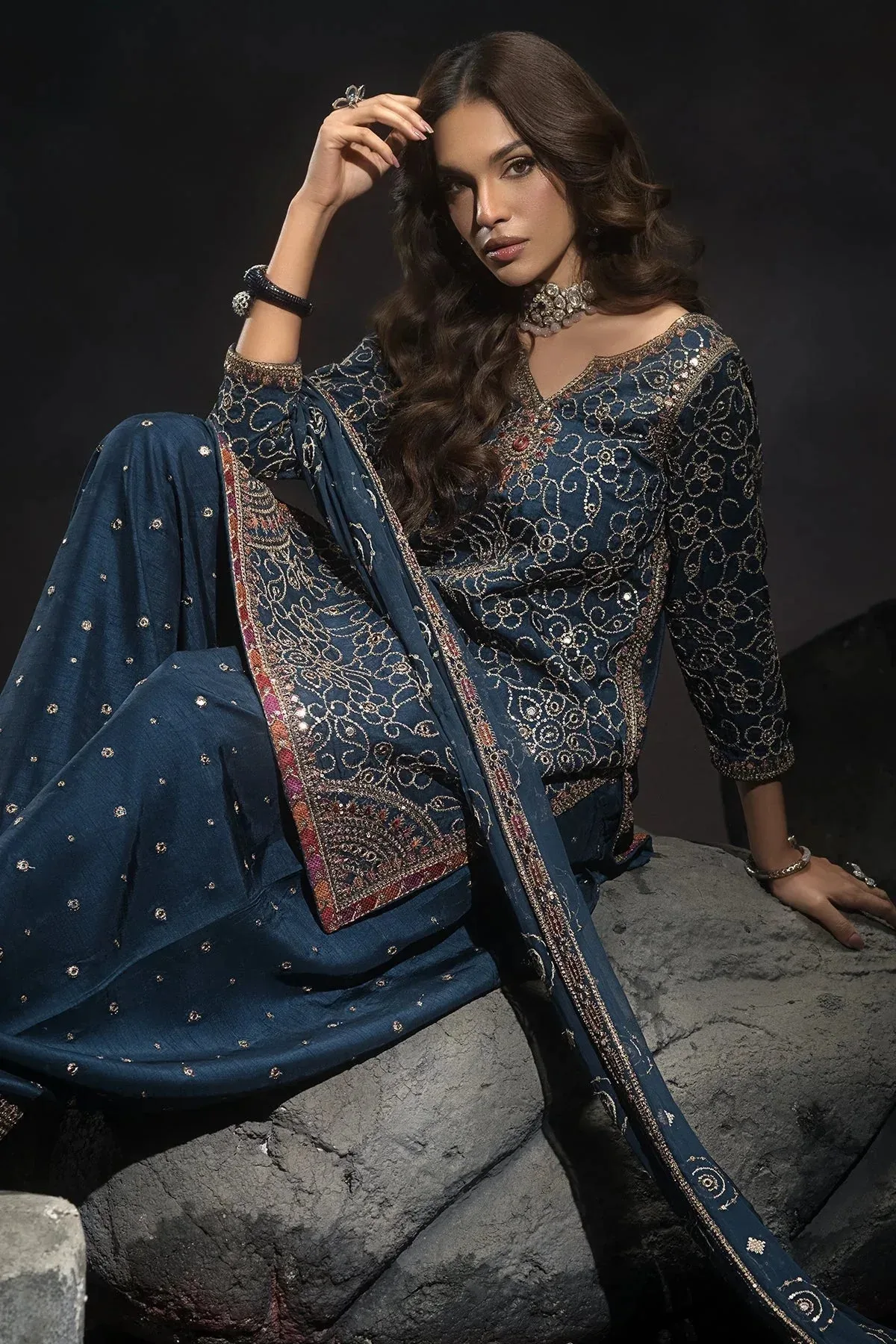 Charizma Statement Dresses Navy Blue Raw Silk – view 4 – Poshaq