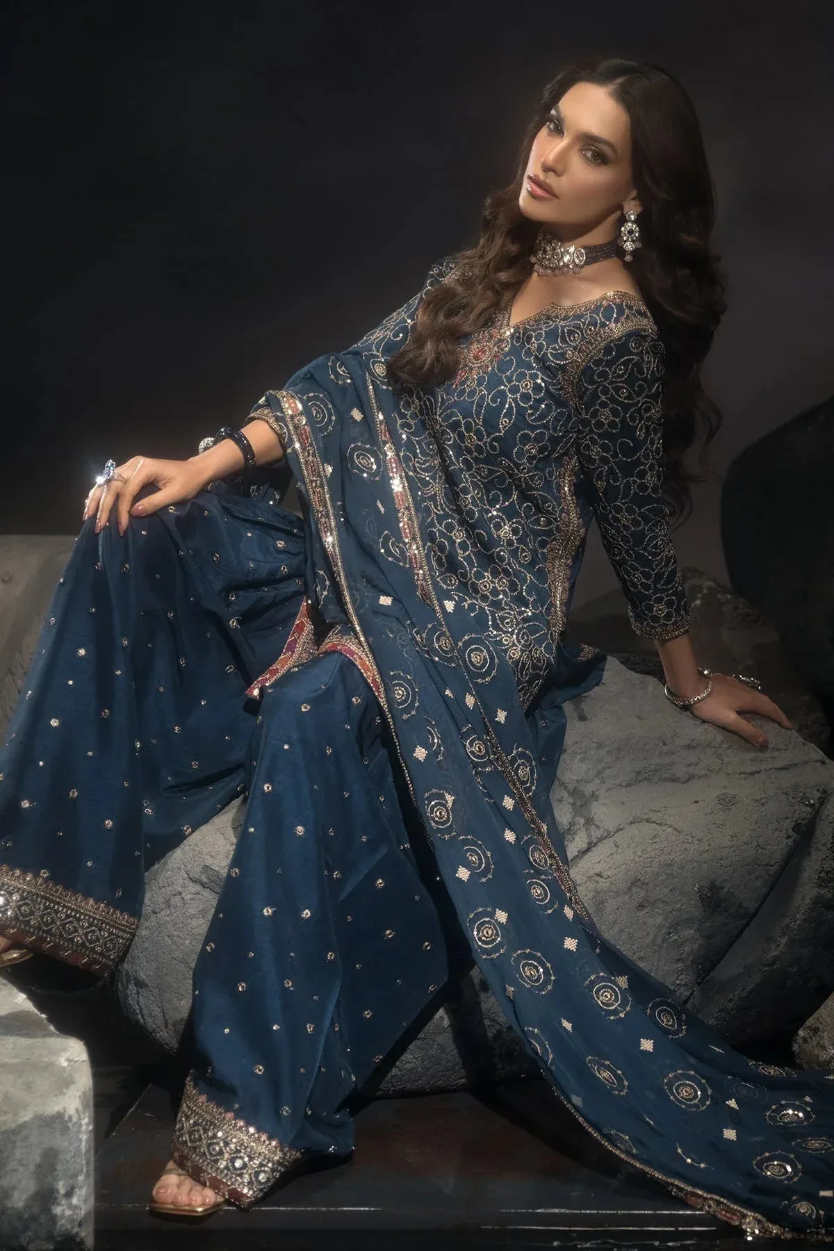 Charizma Statement Dresses Navy Blue Raw Silk – view 5 – Poshaq