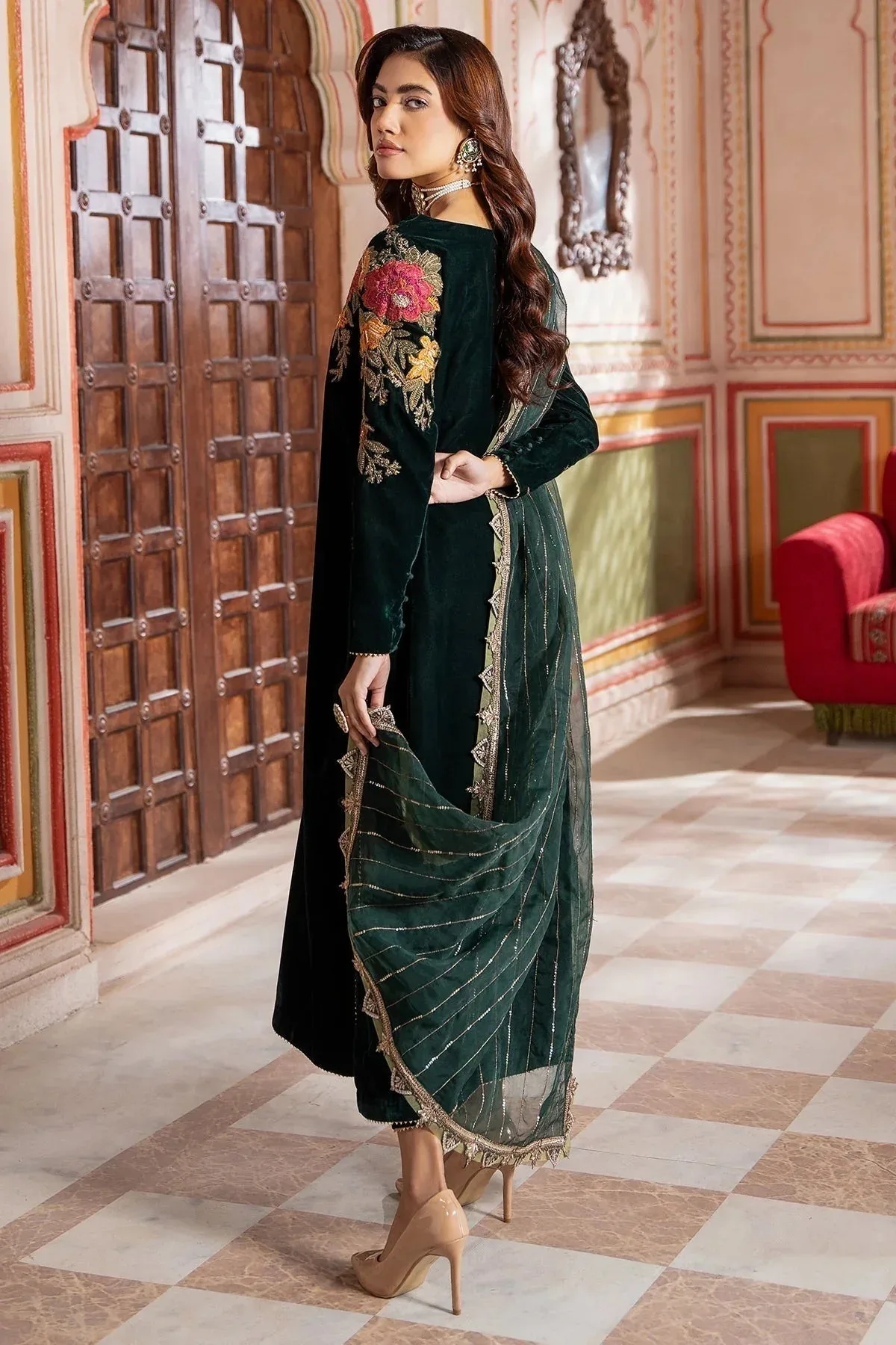 Charizma Signora Velvet Bottle Green Organza – view 2 – Poshaq