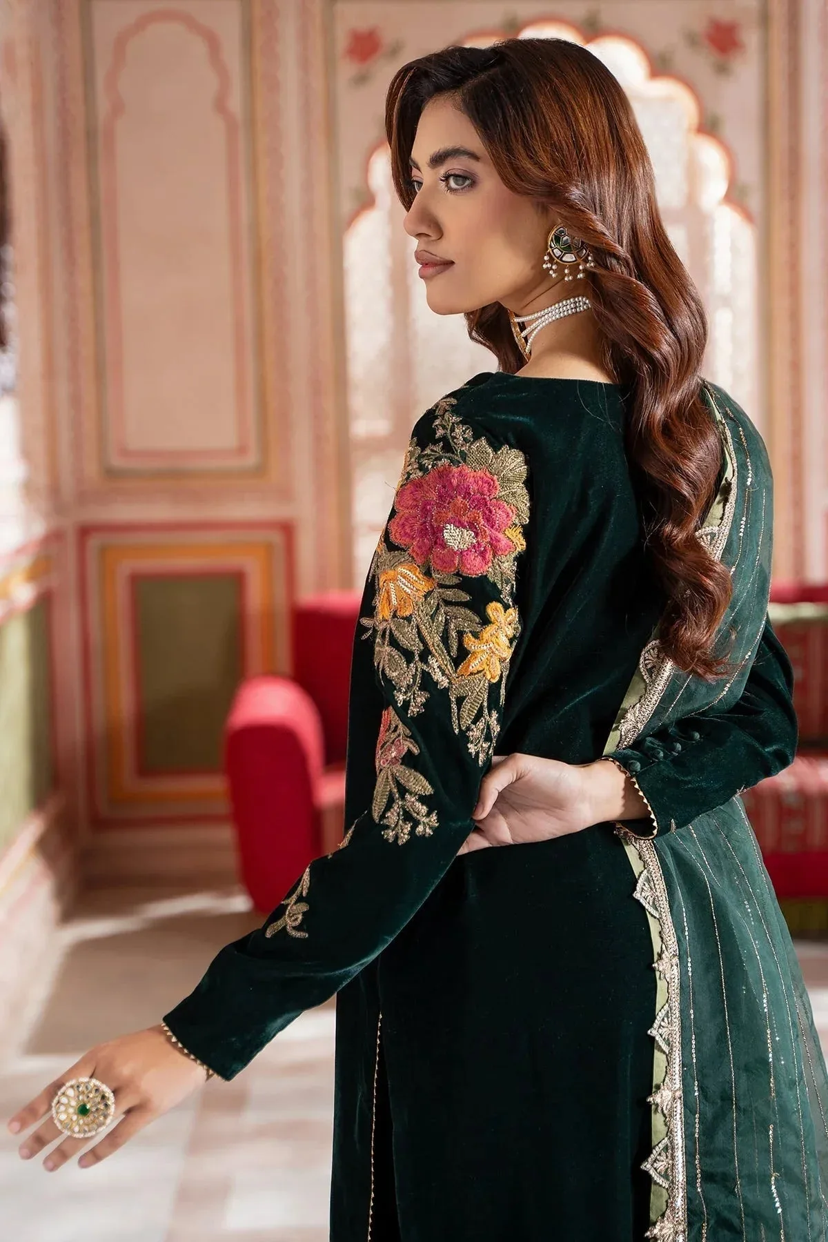 Charizma Signora Velvet Bottle Green Organza – view 3 – Poshaq