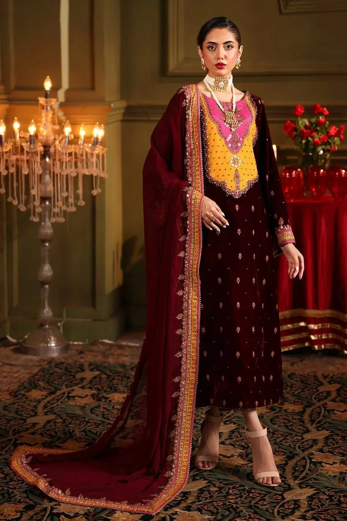 Charizma Signora Velvet Maroon Chiffon – view 1 – Poshaq