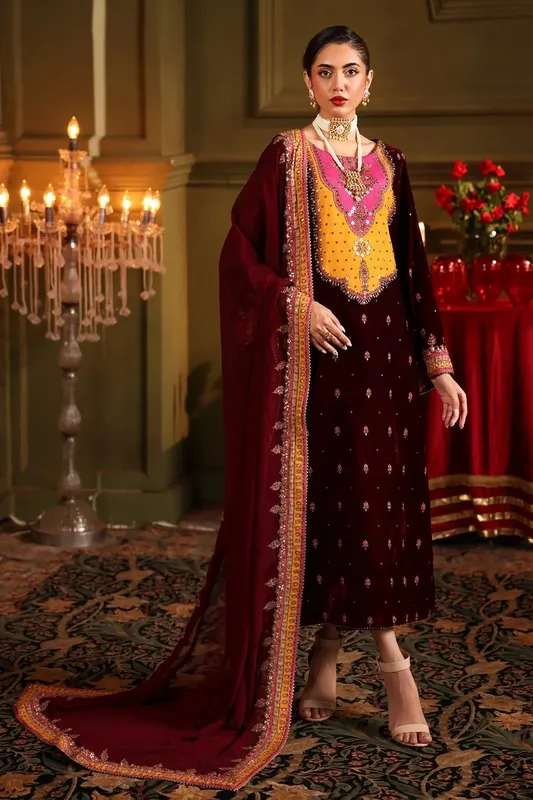 Charizma Signora Velvet Maroon Chiffon – view 1 – Poshaq