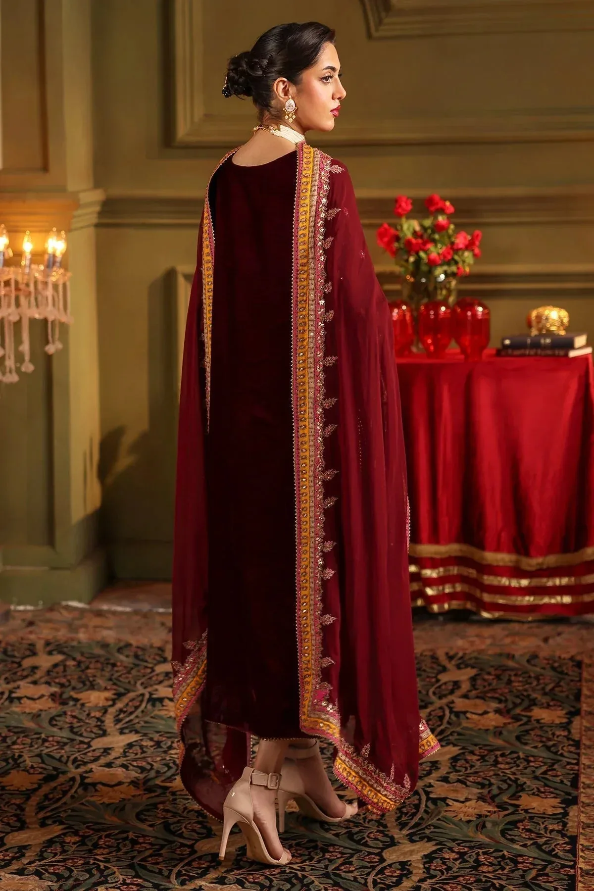 Charizma Signora Velvet Maroon Chiffon – view 2 – Poshaq