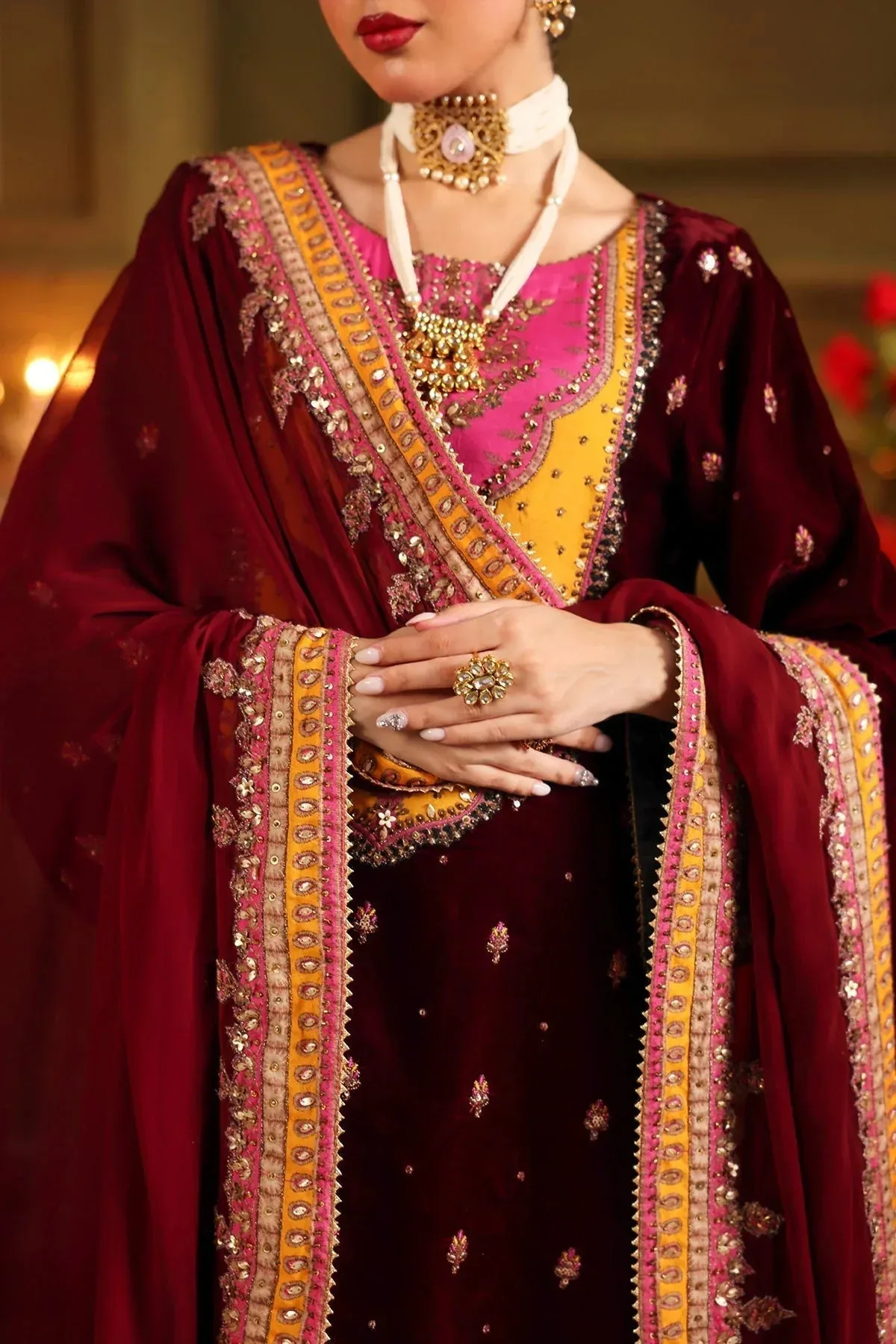 Charizma Signora Velvet Maroon Chiffon – view 3 – Poshaq