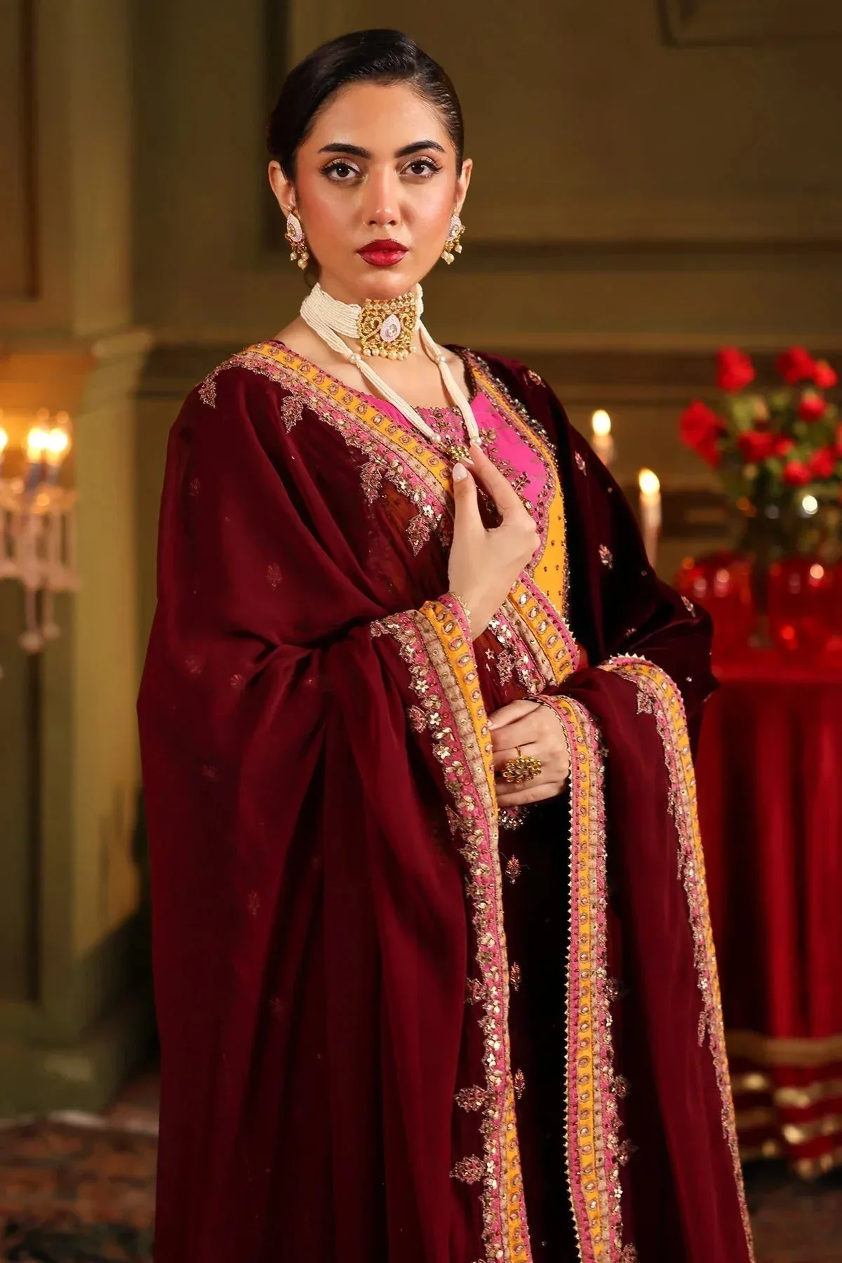 Charizma Signora Velvet Maroon Chiffon – view 4 – Poshaq