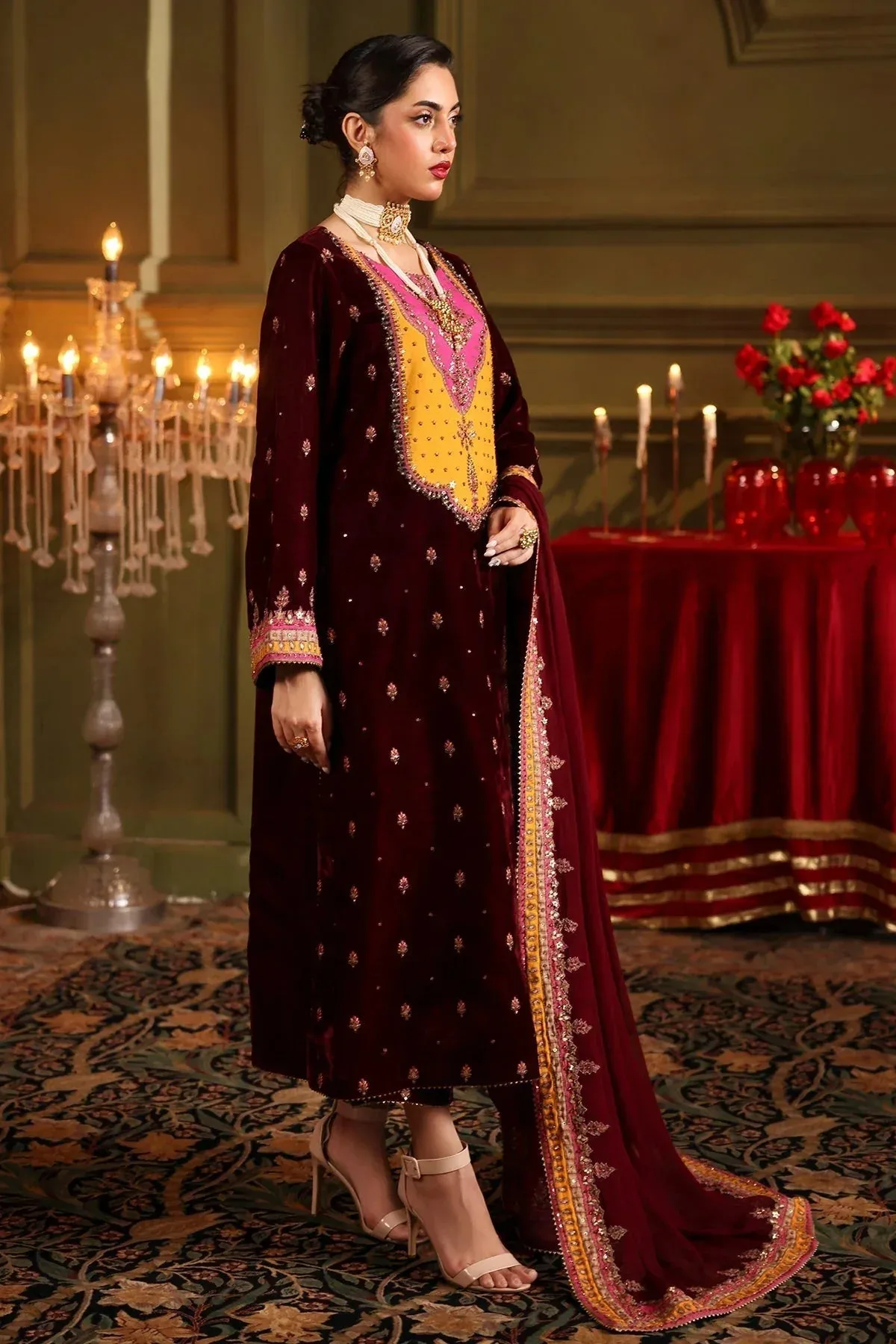 Charizma Signora Velvet Maroon Chiffon – view 5 – Poshaq