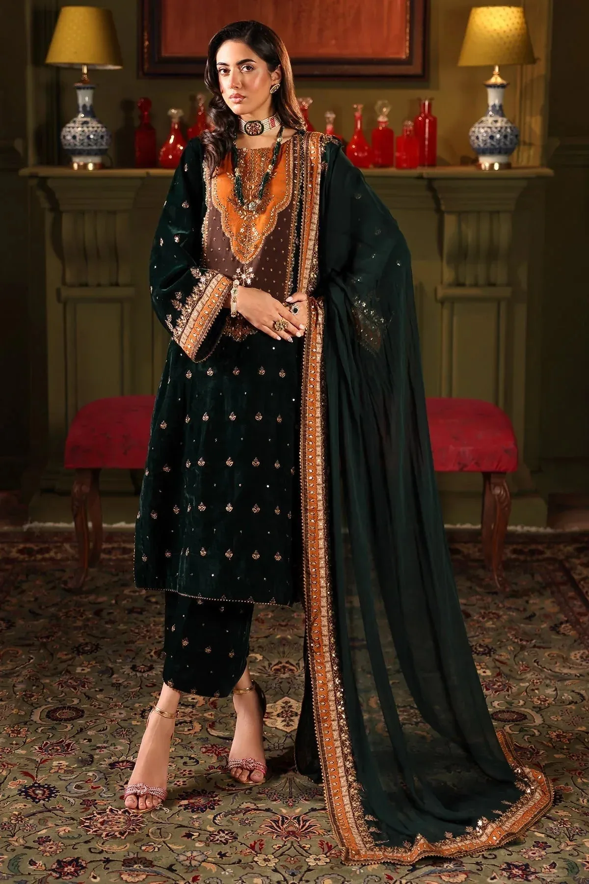 Charizma Signora Velvet Bottle Green Chiffon – view 1 – Poshaq