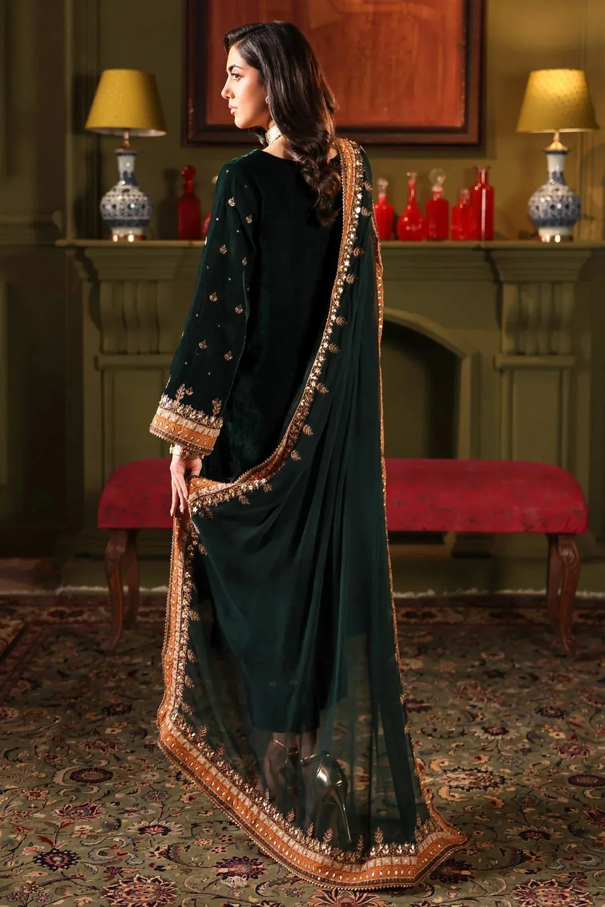 Charizma Signora Velvet Bottle Green Chiffon – view 2 – Poshaq