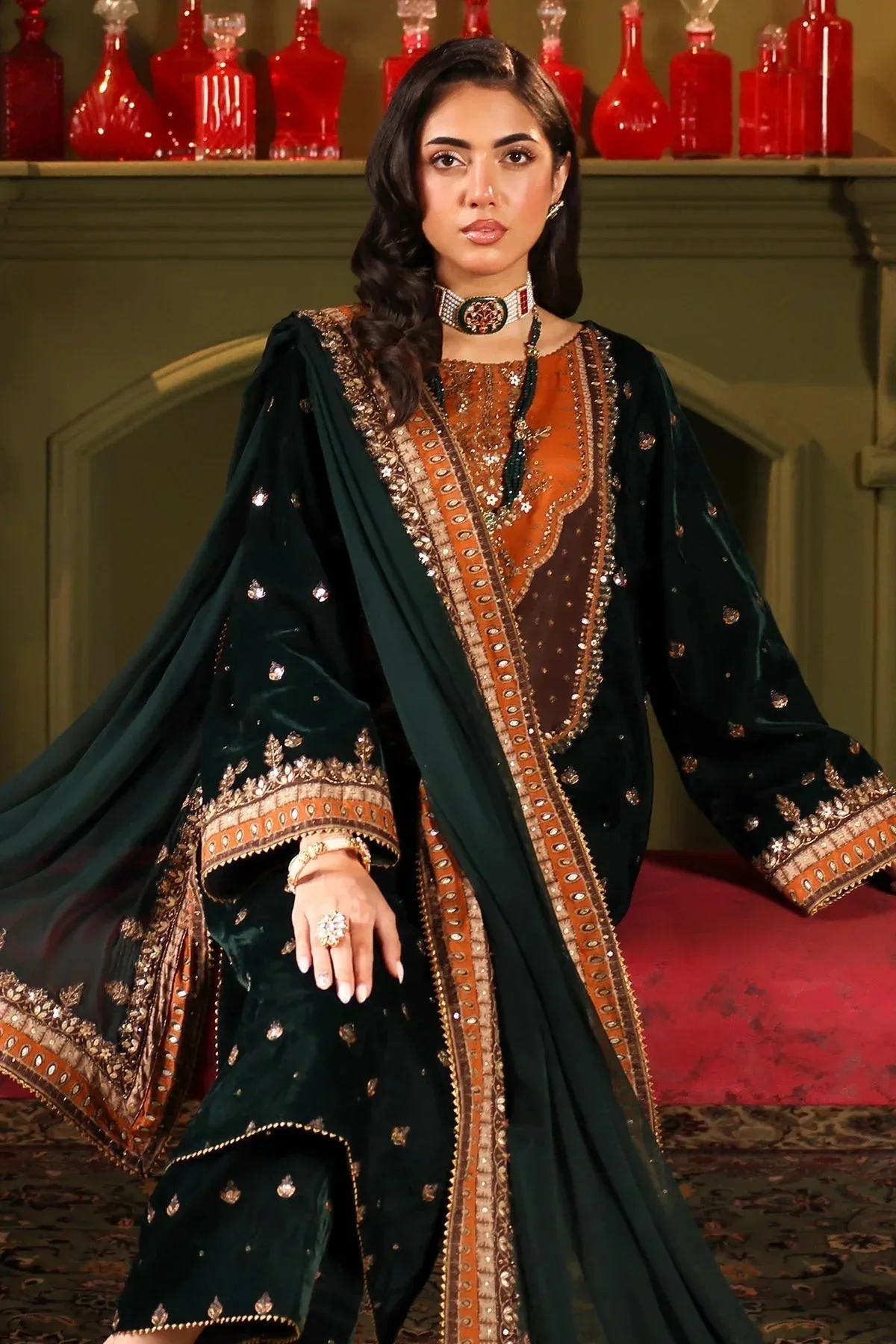 Charizma Signora Velvet Bottle Green Chiffon – view 3 – Poshaq