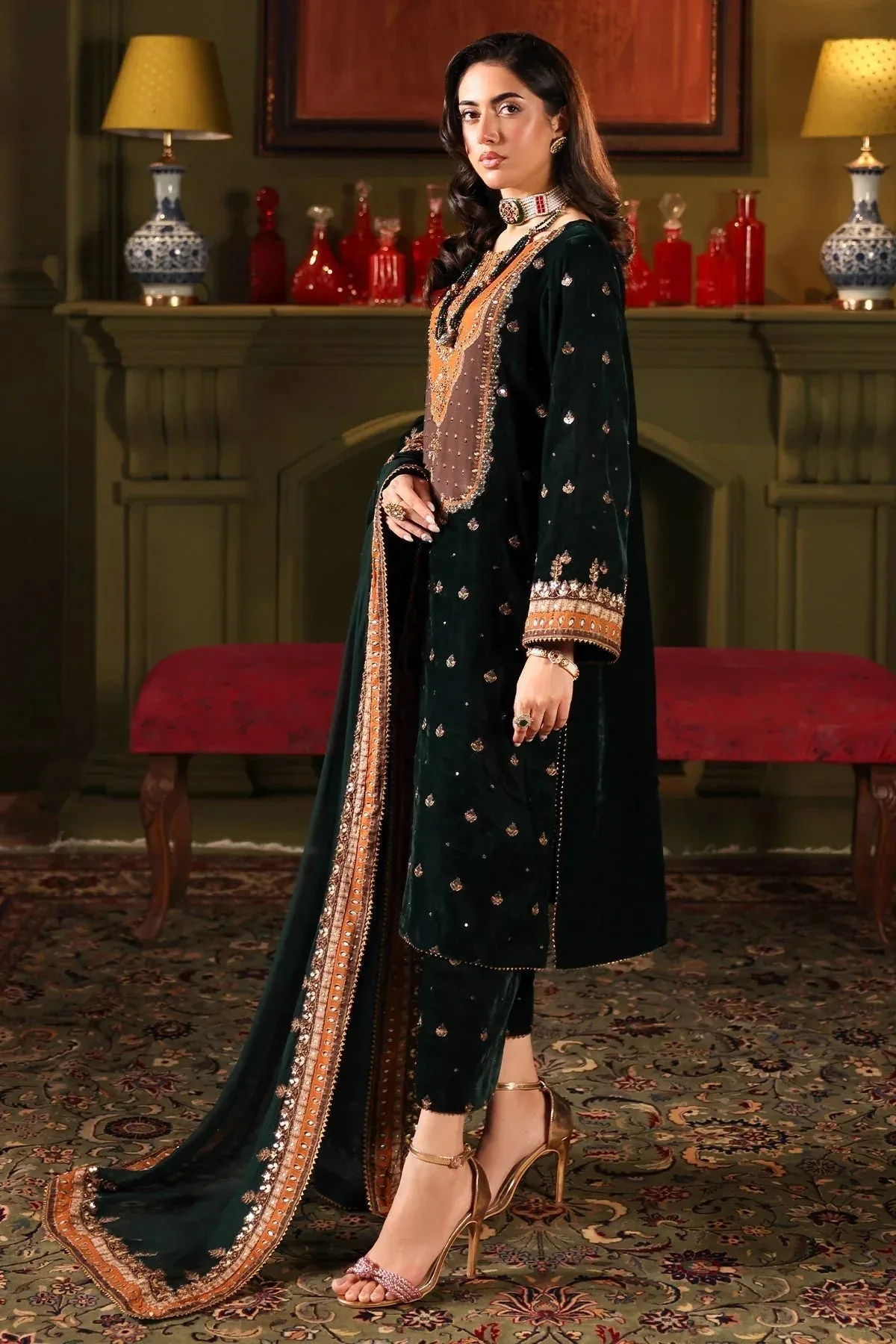 Charizma Signora Velvet Bottle Green Chiffon – view 5 – Poshaq